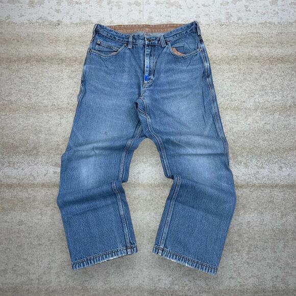 Duluth Trading Jeans Light Wash Work Wear Denim Straight Fit Tan Logo - Picture 2 of 6